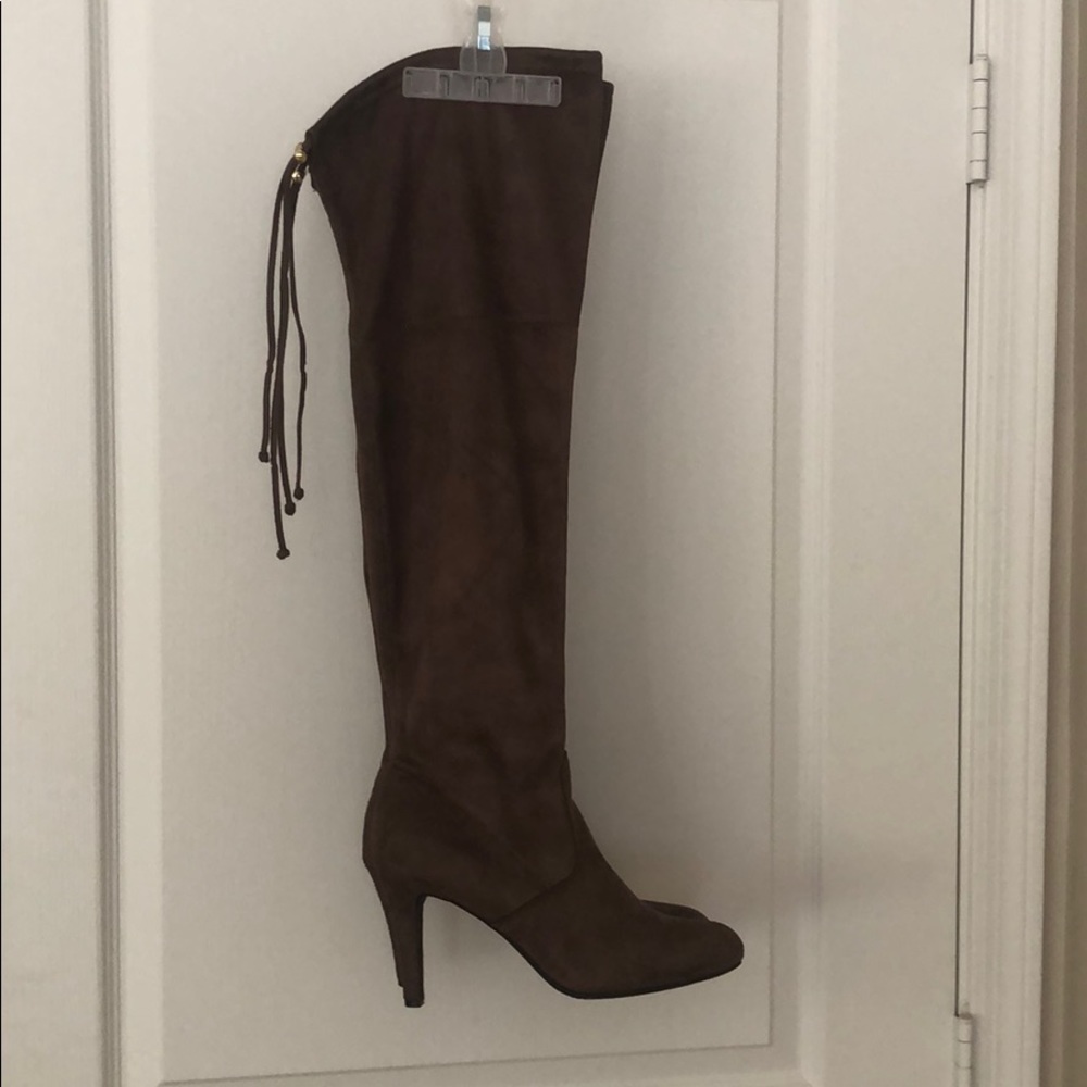 Thigh high boots beige tan faux suede heels